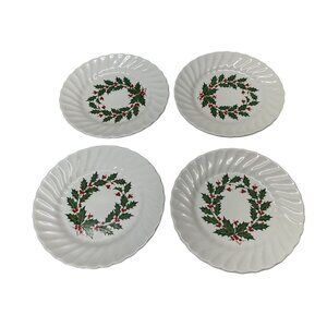 Vintage Christmas Holly Wreath Swirl Dessert Plates 6" Porcelain Holiday Decor